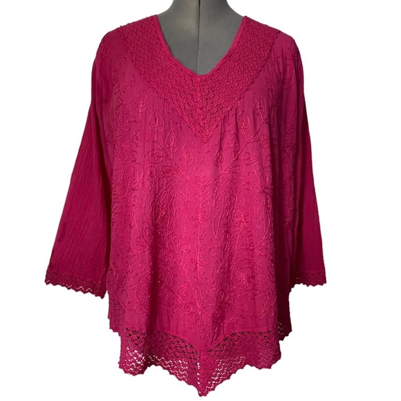 Pink Cotton Mexican embroidered crochet lace trim tunic L - Picture 1 of 7
